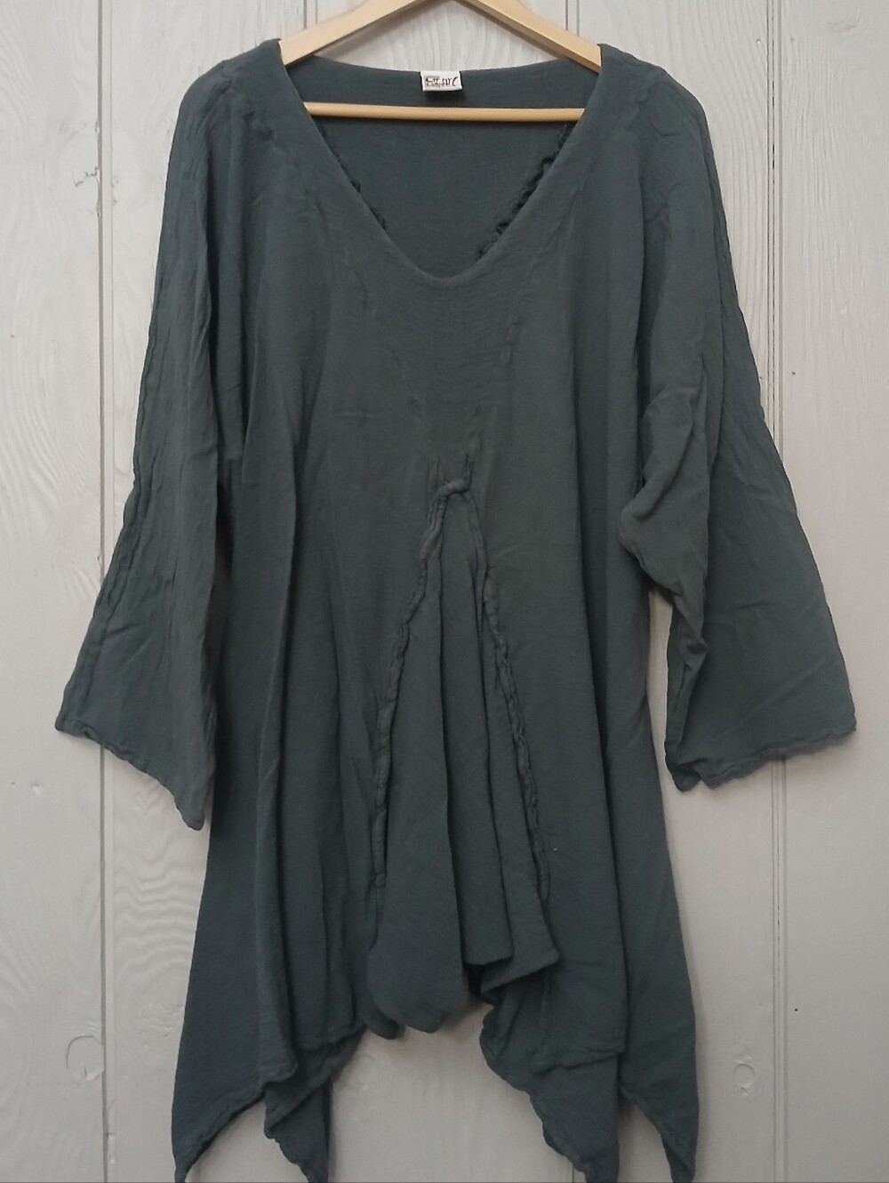 Oh My Gauze! Slate Green Boho V-Neck Handkerchief Hem Tunic